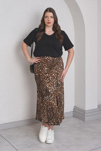 Büyük Moda Leopard Midi Length Slit Detailed Skirt