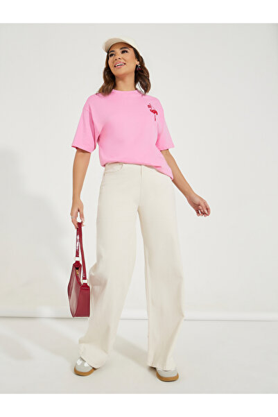 Ecru بنطلون جينز أساسي بخصر مرتفع وطول كامل وواسع الساق