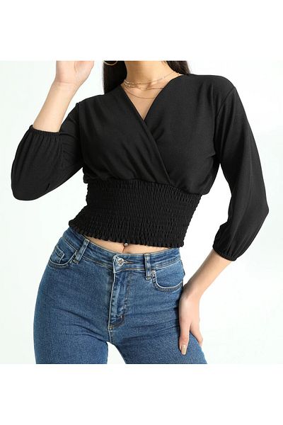Modabenna Bluză neagră cu guler dublu, tunică Crop Trend New Season Krop Body