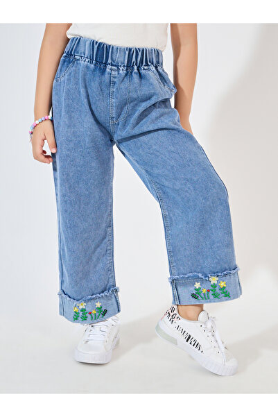 Blue Flower Applique Trim Wide Leg Jeans