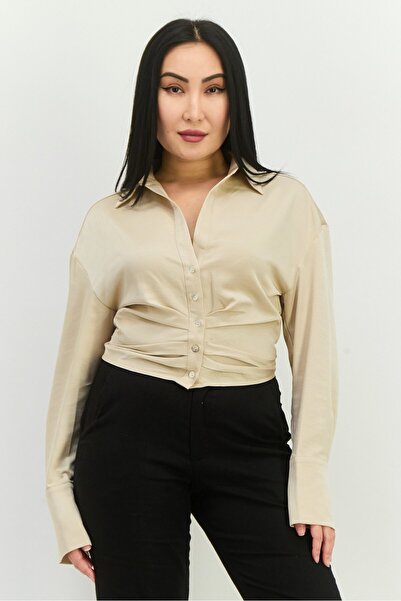 NIA بلوزة سادة بأكمام طويلة وياقة واسعة للنساء، لون بني