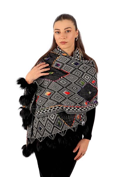 Bursa İpek Black Washed Wool Pompom Shawl