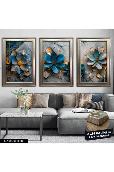 Evinemoda Blue Flower 3 Piece Framed Painting Cvplk