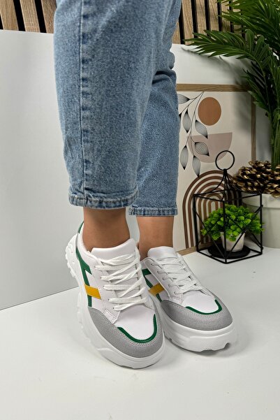 Nstil Кам'яно-зелено-жовті жіночі кросівки - товста висока підошва, шнурівка з тигровою смужкою 032