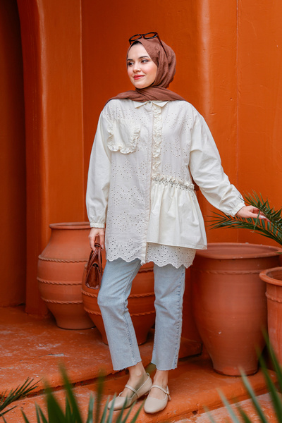 LOCCO Cămașă cu jumătate de piatră cu broderie de culoare crem