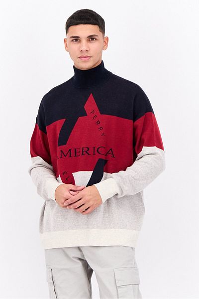 Perry Ellis Men Mock Neck Long Sleeve Brand Logo Sweatshirt, Maroon