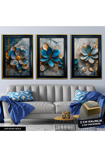 Evinemoda Mavi Çiçek 3 Parça Çerçeveli Tablo CVPLK