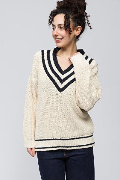 Dexia Basel - Πουλόβερ με μακρυμάνικη γραμμή V λαιμόκοψη - Χρώμα εκρού