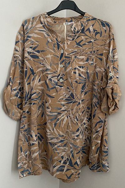AYASOFYA OTANTIK Women's Italian Cappuccino Small Leaf Print Three-Button Folding Orphan Sleeves 100% Cotton Blouse Shirt