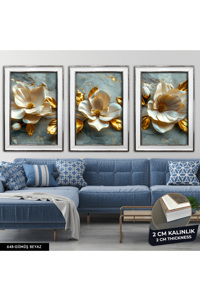 Evinemoda Gold Yapraklı Beyaz Çiçek 3 Parça Çerçeveli Tablo CVPLK