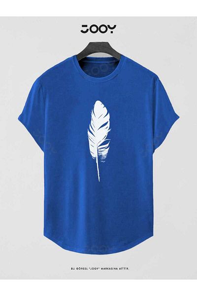 Jooy Tricou slim cu tăietură ovală cu imprimeu cu pene albastre Saks
