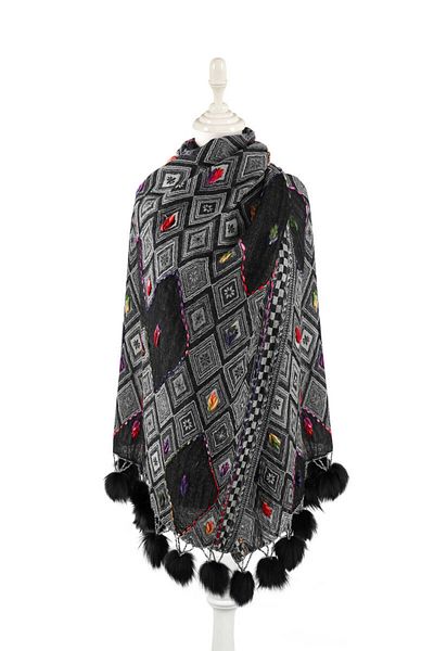 Bursa İpek Black Washed Wool Pompom Shawl