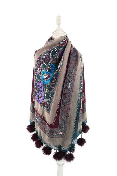 Bursa İpek Petrol Blue Three Layers Washed Wool Pompom Shawl