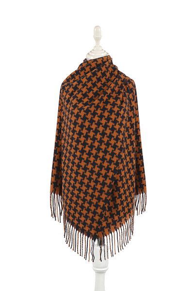 Bursa İpek Tan Houndstooth Pattern Winter Shawl
