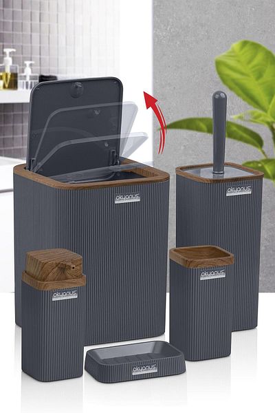 Okyanus Home Σετ μπάνιου Stella Anthracite με ξύλινο σχέδιο ριγέ 5 τεμαχίων
