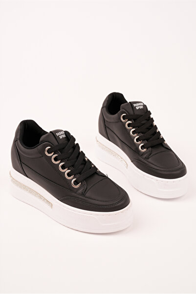 meyra'nın ayakkabıları Women's Black and White Lace-Up Back Stone Thick Sole Sneakers