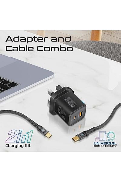 Promate Dual Port Wall Charger, 25W PD, 18W QC 3.0, 60W USB-C Cable, Adaptive Charging