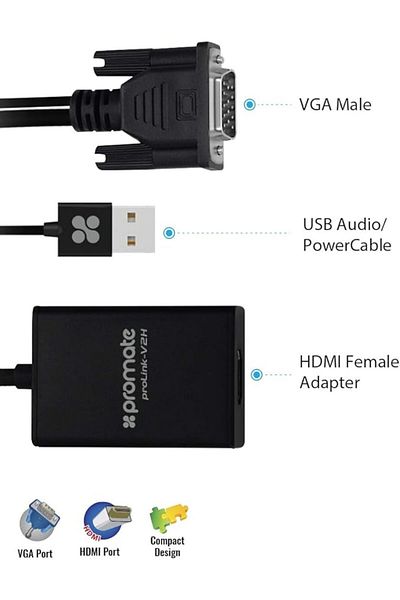 Promate VGA to HDMI Converter, 1080p HD, Audio Support, for TV/AV/HDTV, ProLink-V2H (Black)