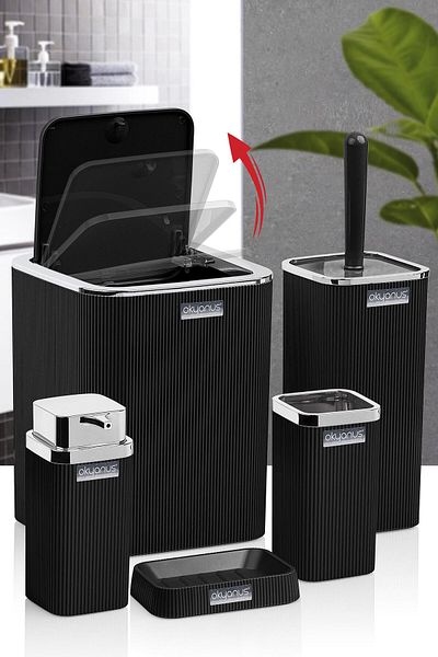 Okyanus Home Σετ μπάνιου Stella Black Chrome ριγέ τετράγωνο 5 τεμαχίων