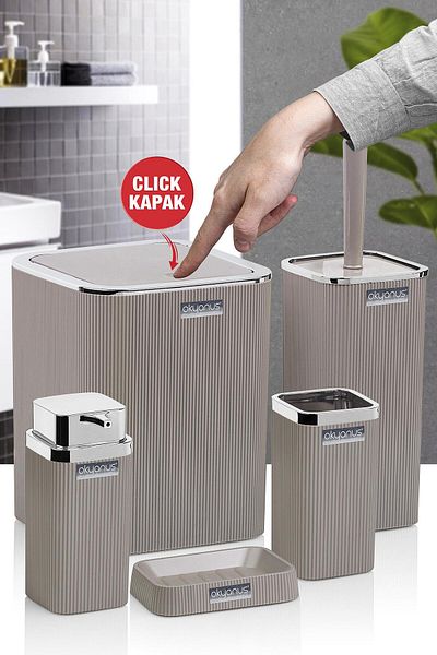 Okyanus Home Σετ μπάνιου Stella Mink Χρώμιο ριγέ τετράγωνο 5 τεμαχίων