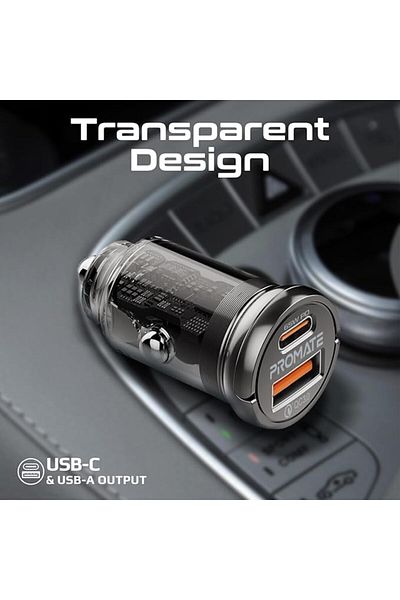 Promate 65W Car Charger, USB-C PD, USB-A, Mini Handle, Heat Protection, for iPhone 15, Galaxy S23