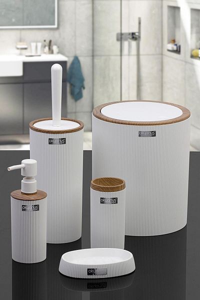 Okyanus Home Σετ μπάνιου Mina White Ξύλινο ριγέ στρογγυλό 5 τεμαχίων