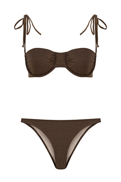 AQUELLA Balenli Simli Kahverengi Bikini Takım