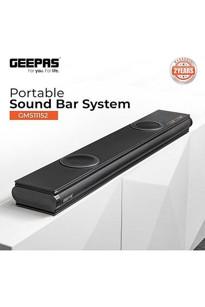 Geepas GMS11152 Portable Soundbar, 2.2CH, 2 Subwoofers, 3D Sound, USB/AUX/BT/HDMI, Remote, Black