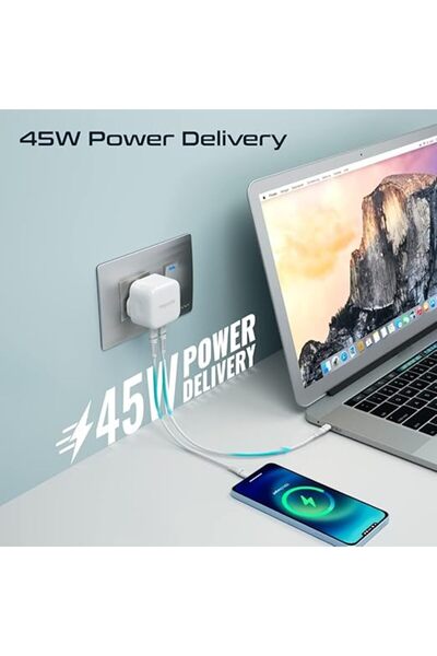 Promate شاحن iPhone 15 GaN USB-C، 45 وات PD، منفذين من النوع C، شحن ذكي، GaNPort2-45PD