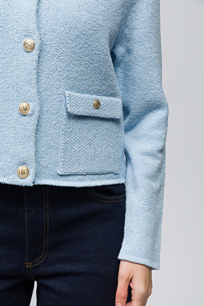 Dexia Zurih - Düğme ve Cep Detaylı Triko Hırka - Mavi Renk