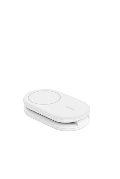 Belkin حامل شحن لاسلكي BoostCharge 2 في 1 مع Qi2 مغناطيسي بقوة 15 وات، أبيض
