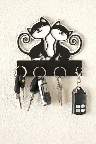 Ümra lazer Laser Cut MDF Wall Hanger - 15x13 Cm Cute Cats Wall 4 Hanging Keychain