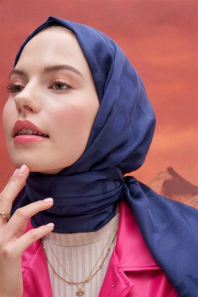 carell Navy Blue Silk Jacquard Shawl - Text Pattern
