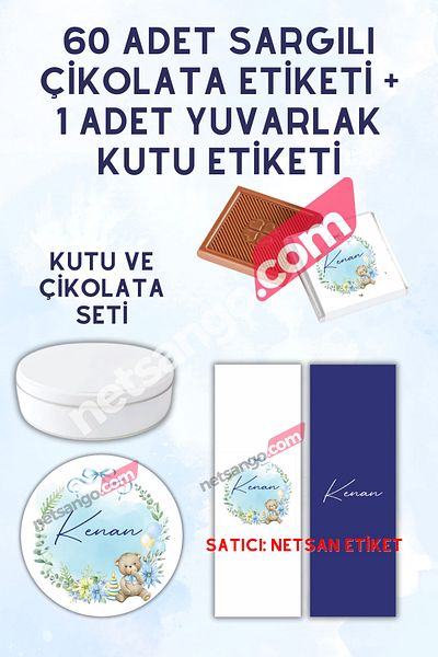 Netsan Etiket 60 Pieces of Wrapped Round Box and Embroidered Chocolate Labels - Teddy Bear Blue