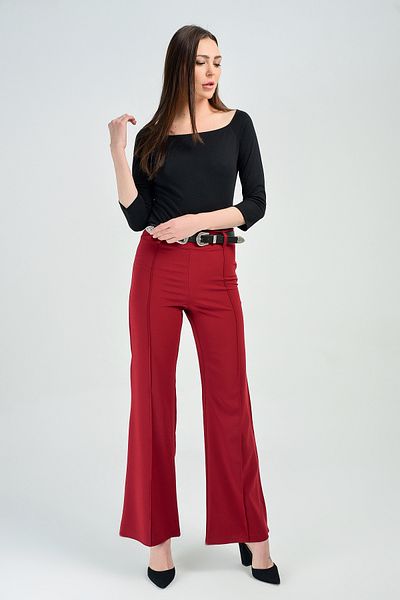 Sense Front Cima Stitched High Waisted Crepe Trousers| Pnt31041 Claret Red