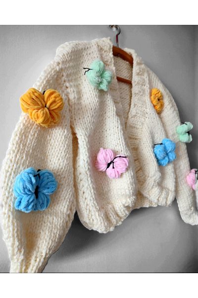 ThreadArtByNur Hand Knitted Butterfly Patterned Women's Cardigan, Butterfly Motif Women's Cardigan