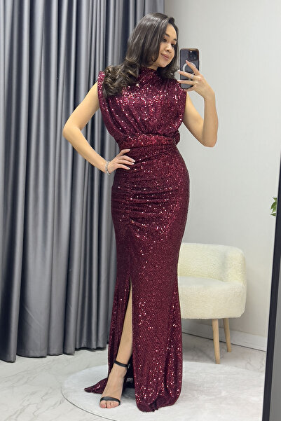 the ZKS Kadın Dik Yaka Kuşak Detay Yırtmaçlı Pul Payet Abiye Elbise Lacivert, Siyah, Bordo, Gümüş, Zümrüt