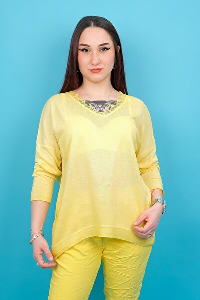 Modalook Dantel Yakalı İnce Triko Sarı Renk