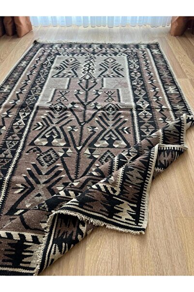 DesignEv 180x117 cm Siyah Kahverengi Türk Kilim, El Dokuması Yün Kilim, Ender...