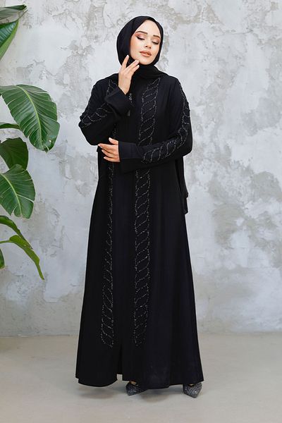 Neva Style Χάντρες Κεντημένο Μαύρο Hijab Ferace 29122S