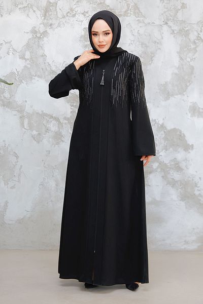 Neva Style Patterned Black Hijab Abaya 15079S