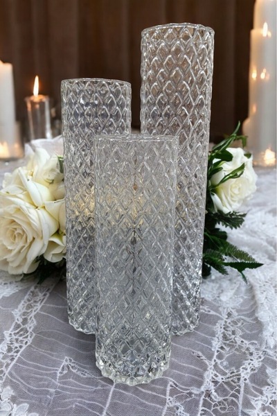 Paşa Cam Purely Handcrafted Crystal Patterned Glass Vase Set of 3 (7 Diameter-20-25-30 Length) Carnation Rose Vase