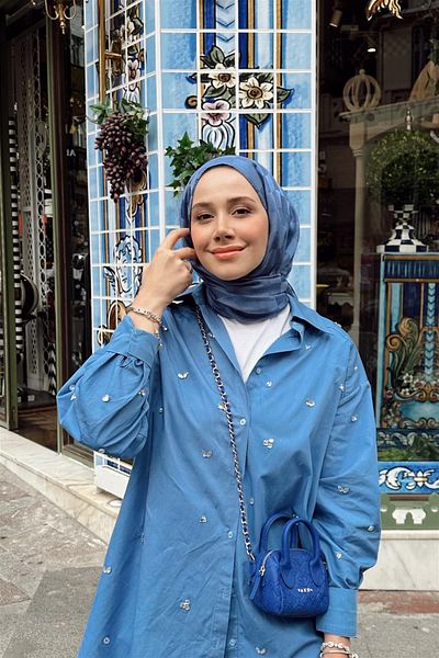 carell Jacquard Checkers - Italian Silk Denim Blue Shawl