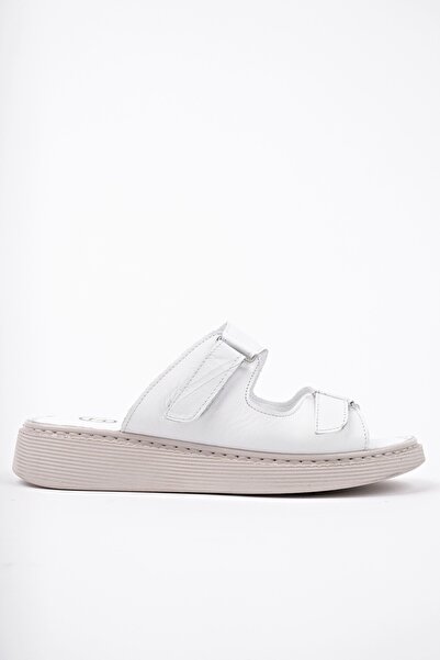 MUGGO Morgen Hakiki Deri Çift Bantlı Ayarlanabilir Ortopedik Günlük Kadın Terlik