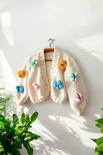 ThreadArtByNur Hand Knitted Butterfly Patterned Women's Cardigan, Butterfly Motif Women's Cardigan