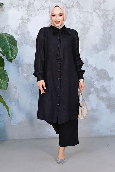 Neva Style Black Hijab Double Suit with Pleated Handles 51991S