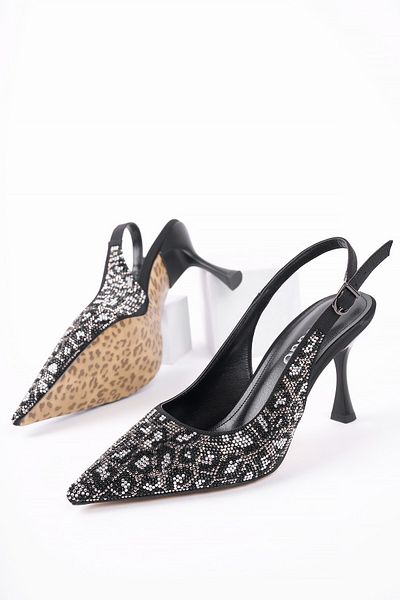 MUGGO Midnight Women's Pointed Toe Leopard Detail Open Back Casual Classic Heeled Evening Dress Shoes