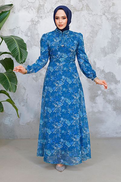 Neva Style Rochie Hijab Albastru Petrol cu ​​Model Floral 50812PM