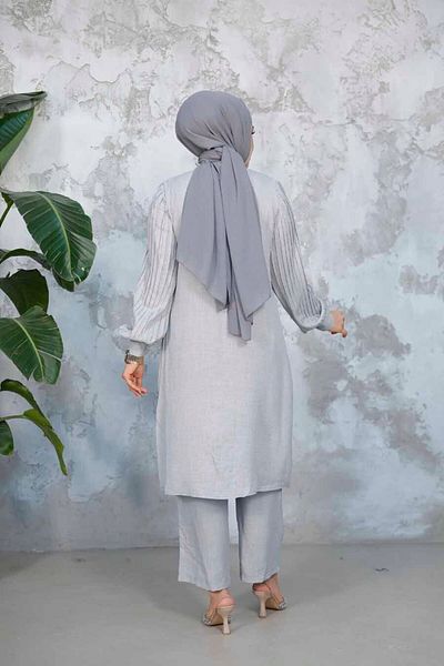 Neva Style Costum dublu hijab gri cu mâneci plisate 51991GR
