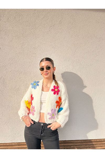 mihal boutique Women's White Colored Floral Cardigan